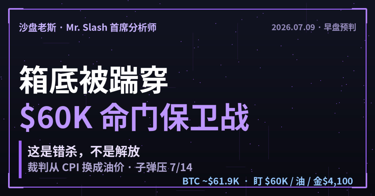 BTC 箱底被踹穿 $60K 命门保卫战 沙盘老斯早盘预判 2026-07-09